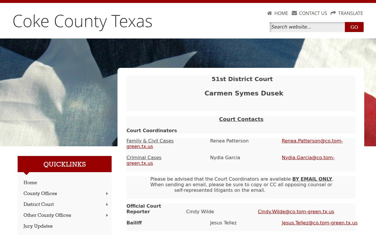 51st District Court page for Coke County felony criminal cases