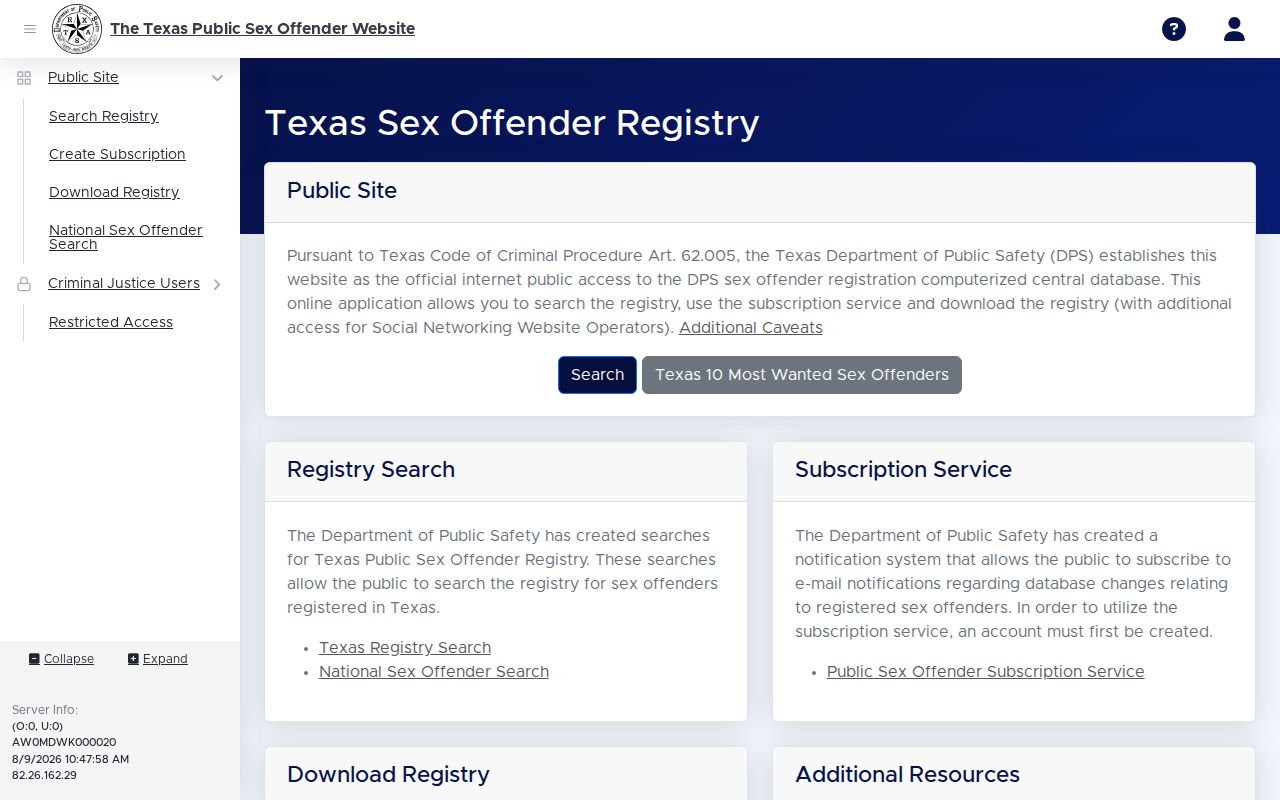 Texas registry landing page for a Coke County sex offender search