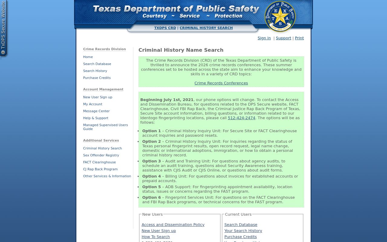 Coke County criminal history DPS name search entry